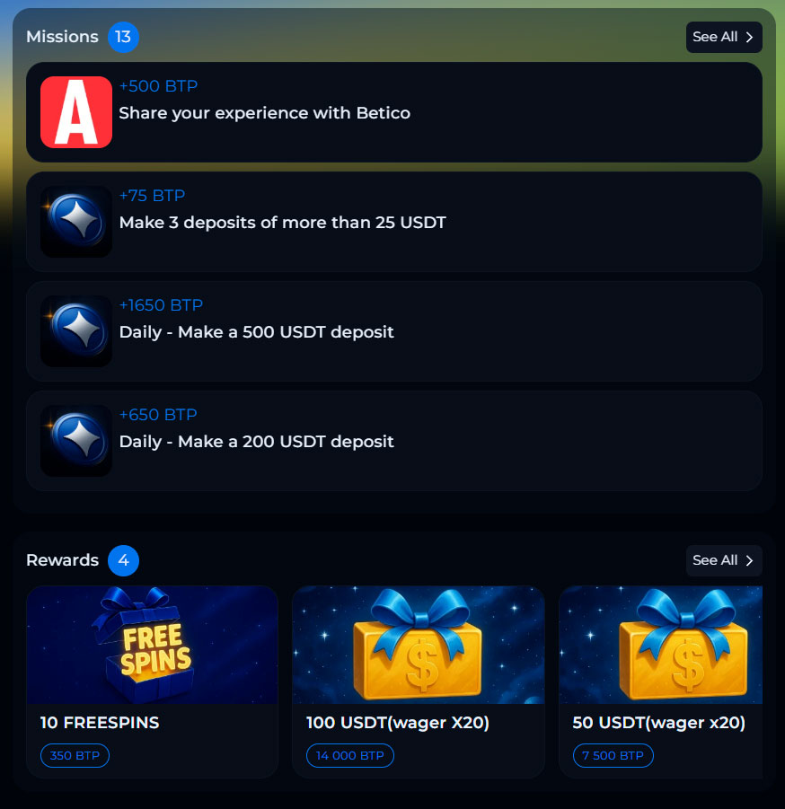 Mission and rewards Betico casino